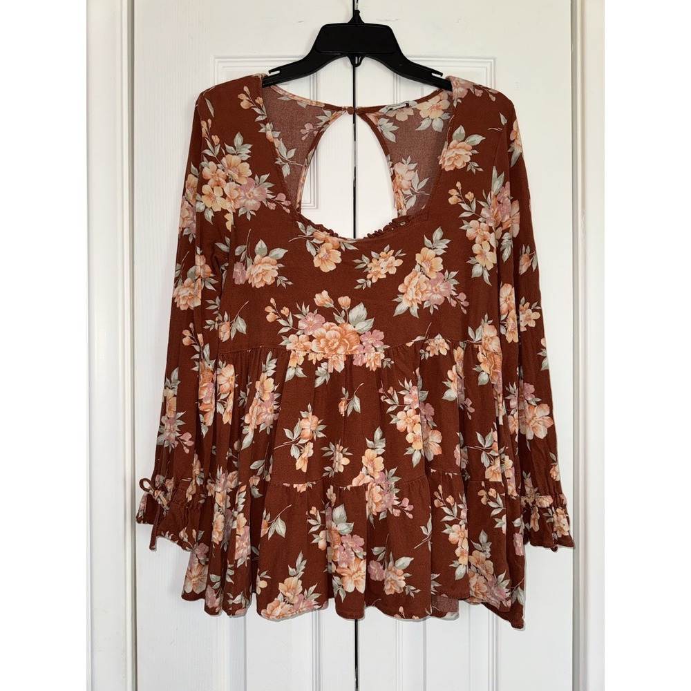 American Eagle AE Floral Ruffle Babydoll Blouse Rust Boho Tiered Long Sleeve Top